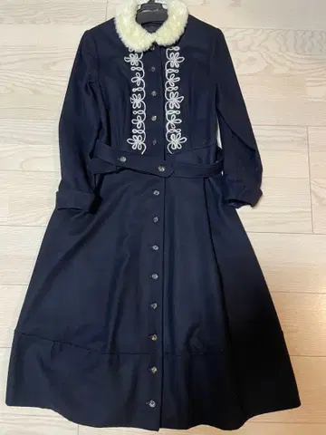 네이비 옷깃 자수 롱 원피스