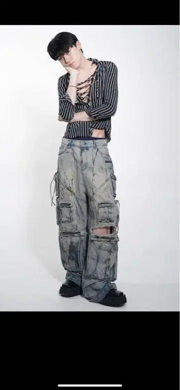 데미지 가공 카고 팬츠 그레이