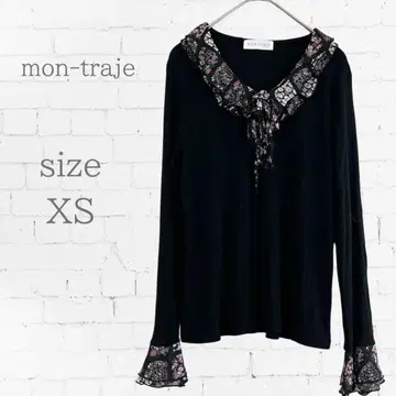mon-traje 긴팔 티셔츠 얇은 소재 프릴 꽃무늬 XS 블랙 고급