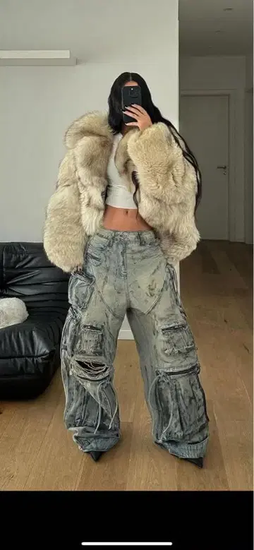 데미지 가공 그레이 카고 팬츠