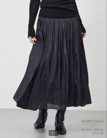 PLST 플라스테 메탈릭 새틴 플리츠 스커트 블랙 M