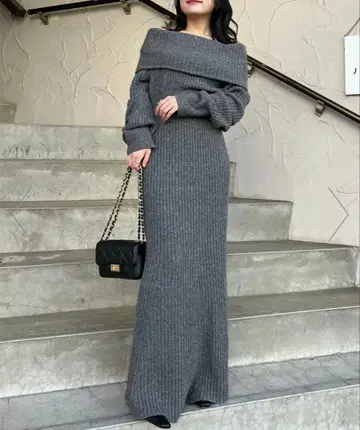 anuans 오프숄더 니트 원피스 GREY M 사이즈