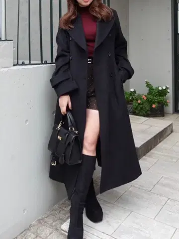 [ 즉시 구매 OK ] rienda 더블 컬러 쉐이프 체스터 코트 블랙