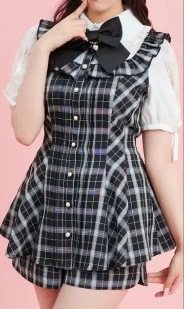 슬릿 소매 요크 절개 셋업 (체크 블랙)