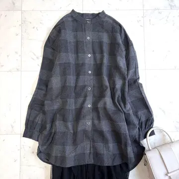 새상품급 제이스로우안 플란넬 밴드 카라 셔츠 블록 체크 그레이