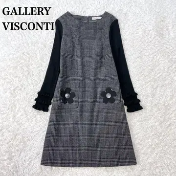새상품급 갤러리 비스콘티 절개 원피스 체크 트위드 꽃 블랙