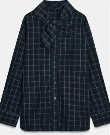ZARA 네이비 체크 무늬 리본 포함 셔츠