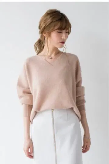 Loungedress 캐시미어 100% 꽈배기 V넥 니트 핑크 베이지