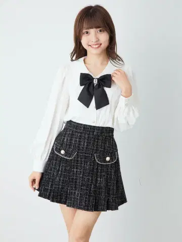 Ank Rouge 요크 절개 트위드 플리츠 스커트