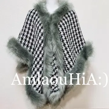 하운드투스 패턴 블랙 x 화이트 판초 케이프 인조 모피 포함