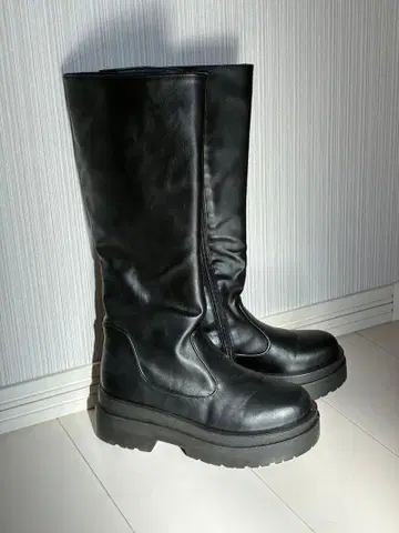 블랙 가죽 통굽 롱 부츠 M