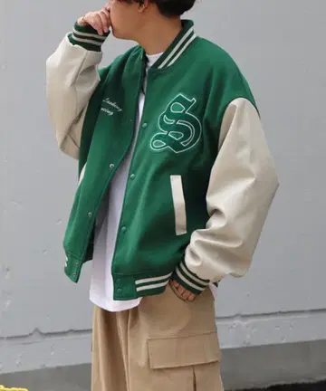 ILL'S 바시티 자켓 그린/화이트 M 사이즈