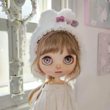 네오 브라이스 네오 아이시 인형용 화이트 복슬복슬 토끼 귀 모자 1개