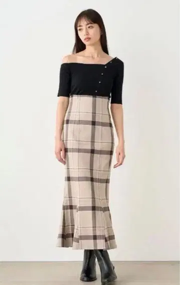 스나이델 체크 무늬 머메이드 스커트