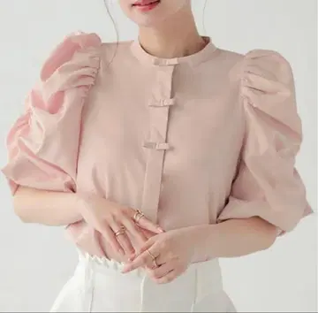 Fit more miku 콜라보 차이나풍 볼륨 벌룬 리본 블라우스