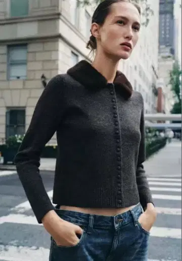 완판템 ZARA 인조 모피 라펠 니트 자켓 퍼 M 신상 자라