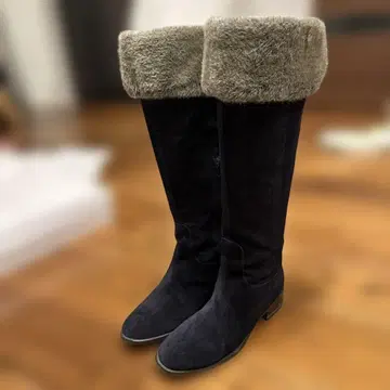 네이비 스웨이드 퍼 포함 롱 부츠 23cm