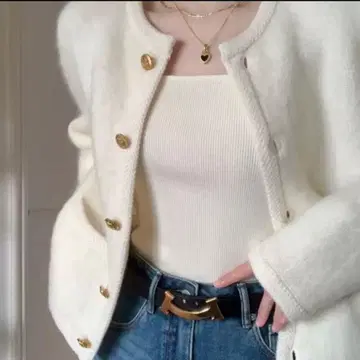 화이트 노카라 가디건 자켓 골드 버튼 노카라 자켓