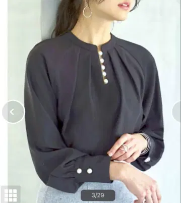 루일 에 부티크 슬릿 펄 스탠드 카라 블라우스 블랙 긴팔 M