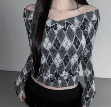 THEAIRTOWN T셔츠 오프숄더 니트 체크