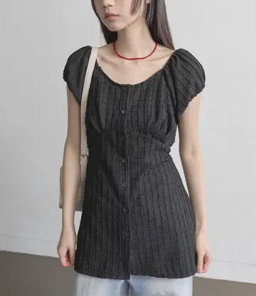 UNEMANSION 유니크 패턴 허리 마크 리본 퍼프 미니 드레스 원피스