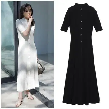 [새상품급] 프론트 버튼 리브 니트 원피스 블랙 아뉴앙스