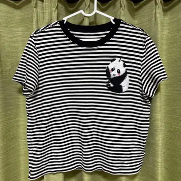 UOOYAA 팬더 자수 스트라이프 T셔츠