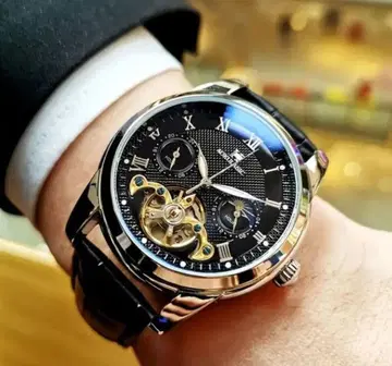자동 태엽 중공 투르비옹 손목시계 블랙 방수 라운드 메카니컬 워치