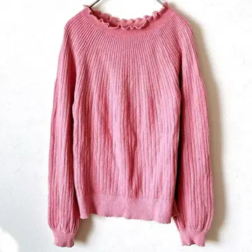 페루 니트 스웨터 상의 핑크 2 리브 니트 프릴 넥