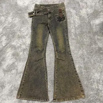 00s archive y2k 헤이세이 갸루 플레어 데님 팬츠 벨트 자수