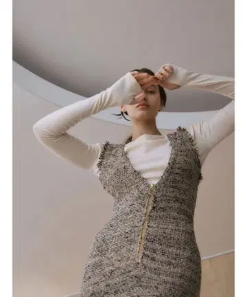 LAGUNAMOON 니트 트위드 프린지 오버롤 스커트 베이지