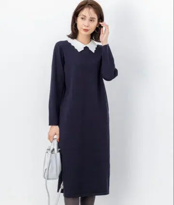 네이비 스캘럽 옷깃 니트 원피스