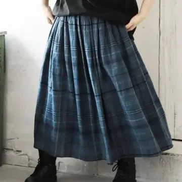 서울베리 3L 파랑 블루 체크 롱 플레어 스커트