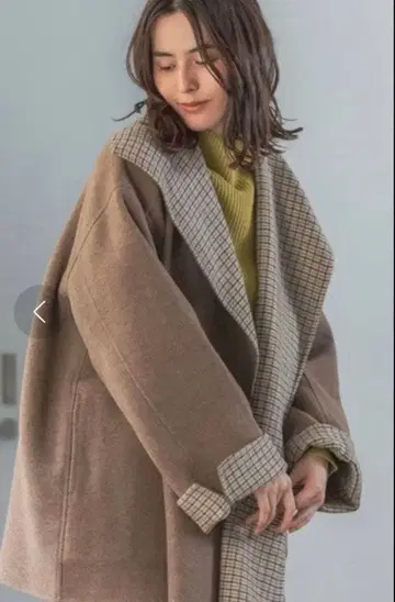 LEPSIM 리버서블 미들 코트 체크 브라운