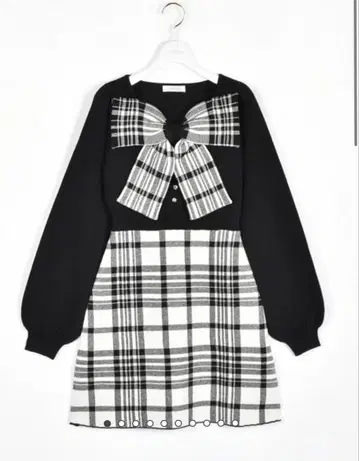 evelyn 리본 체크 니트 원피스 S