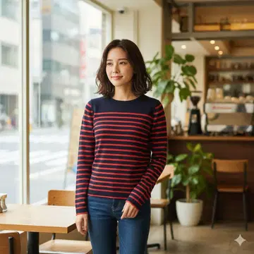 새상품급 맥피 투모로우랜드 울100% 보더 니트 네이비 빨간색