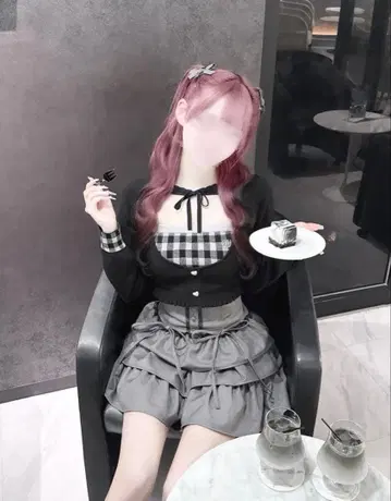 깅엄 앙상블 상의 블랙 HONEYMEW 허니뮤우