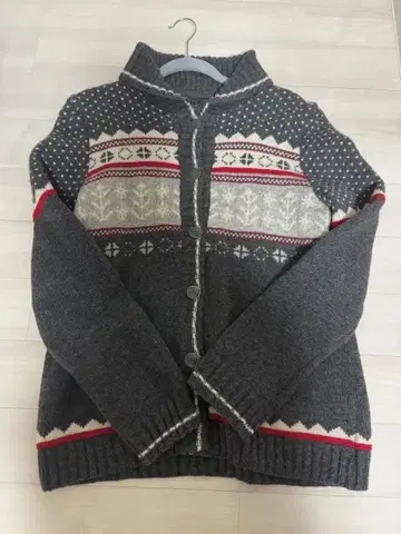 [ 빈티지 ] 노르딕 무늬 울 가디건 그레이 레드