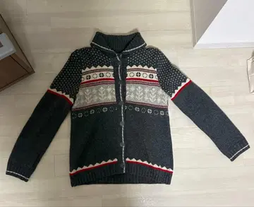 [ 빈티지 ] 노르딕 무늬 울 가디건 그레이 레드