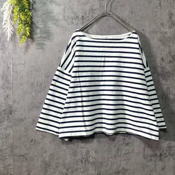 무인양품 7부 소매 티셔츠 보더 무늬 면 100% 캐주얼 화이트 S