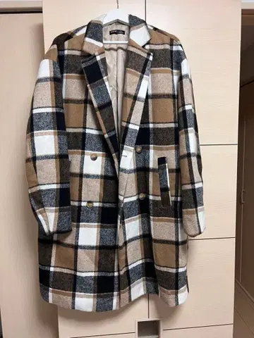 SHEIN 체크 무늬 더블 버튼 체스터 코트 S