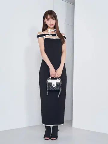 Darich 파이핑 컷 리본 롱 원피스