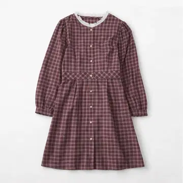 프릴 옷깃 체크 원피스 보르도 계열 프론트 오픈 긴팔 레트로
