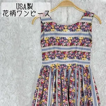 USA제 빈티지 꽃무늬 스트라이프 슬리브리스 플레어 원피스