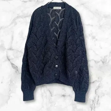 네이비 레이스 니트 가디건 긴팔 L 상당 심플 무지 린넨 혼방