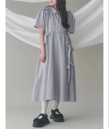 merry jenny 깅엄 체크 리본 드로스트 원피스