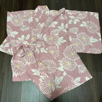 유카타 핑크 화이트 꽃무늬 가죽 성인용