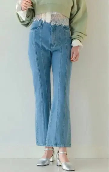 Ray BEAMS / W 심 데님 팬츠 플레어 데님 라이트 블루