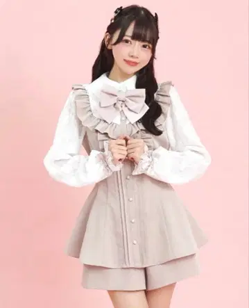 시크릿 허니 레이스 소매 프릴 셋업 핑크