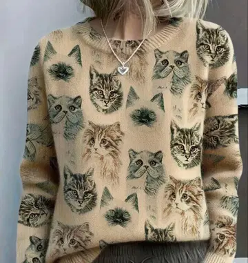 고양이 패턴 귀여운 니트 베이지 L 고양이 니트